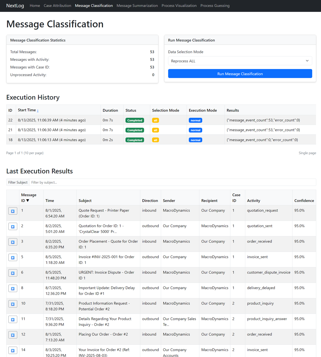 NextLog message classification screen showing messages mapped to process activities with per-message confidence scores.